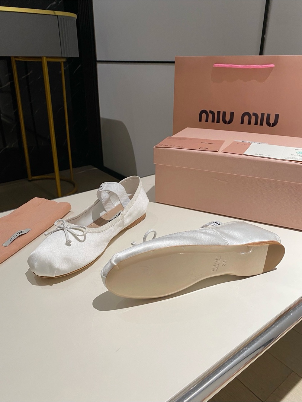Miu Miu White Satin Ballet Flats with Logo Elastic Strap and Bow - Picture 5 of 6